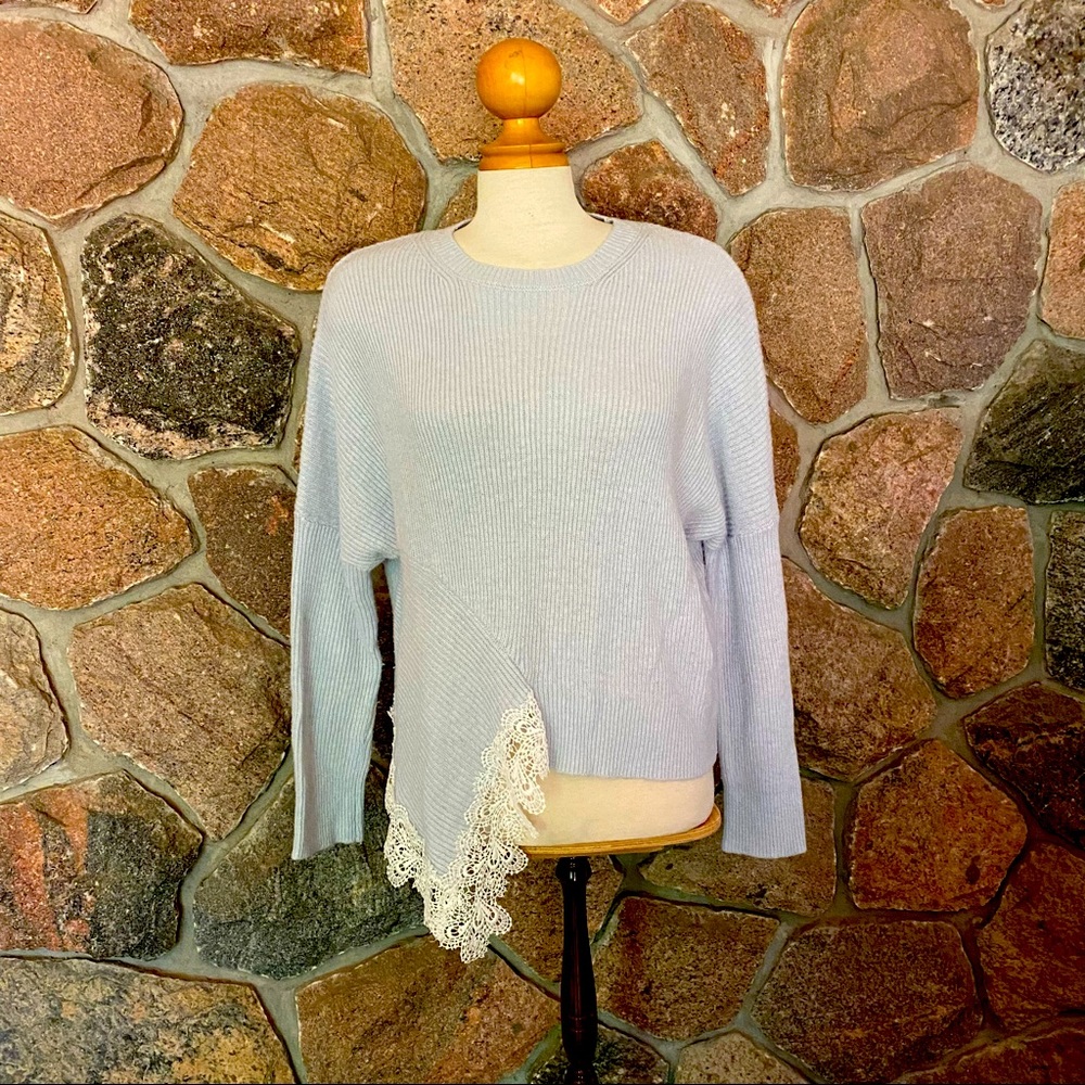 Unique asymmetrical sky blue sweater with lace